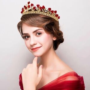 Elegant Gold and Red Floral rhinestone bridal Tiara